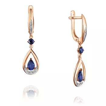 Серьги из красного золота 585 пробы с бриллиантом, сапфиром