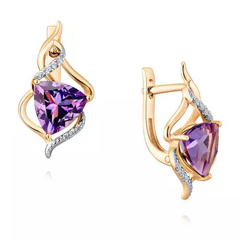 Серьги из красного золота 585 пробы с аметистом и фианитом