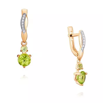 Серьги из красного золота 585 пробы с хризолитом и фианитом