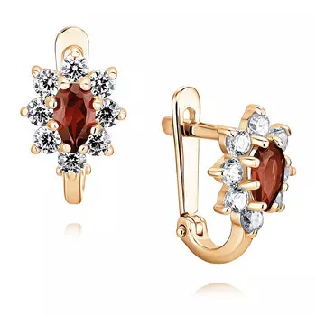 Серьги из красного золота 585 пробы с гранатом, фианитом