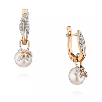 Серьги из красного золота 585 пробы с жемчугом, фианитом