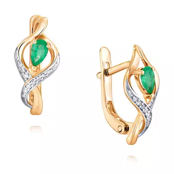 Серьги из красного золота 585 пробы с бриллиантом, изумрудом