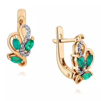 Серьги из красного золота 585 пробы с бриллиантом, изумрудом
