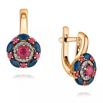 Серьги из красного золота 585 пробы с бриллиантом, рубином, сапфиром