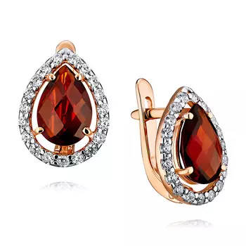 Серьги из красного золота 585 пробы с гранатом, фианитом