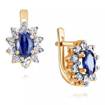 Серьги из красного золота 585 пробы с бриллиантом, корундом синтетическим