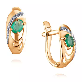 Серьги из красного золота 585 пробы с бриллиантом, изумрудом