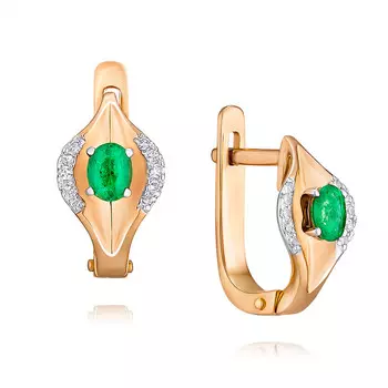 Серьги из красного золота 585 пробы с бриллиантом, изумрудом