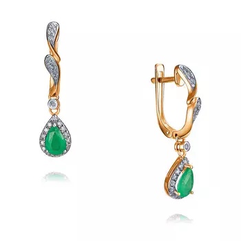Серьги из красного золота 585 пробы с бриллиантом, изумрудом