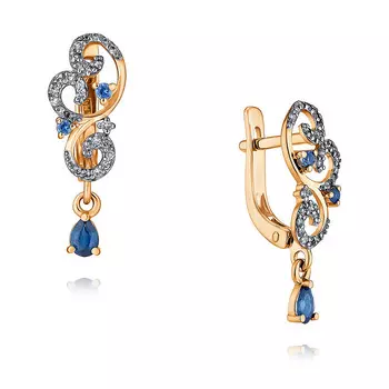 Серьги из красного золота 585 пробы с бриллиантом, сапфиром