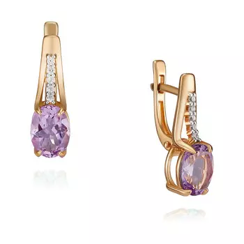 Серьги из красного золота 585 пробы с аметистом, фианитом