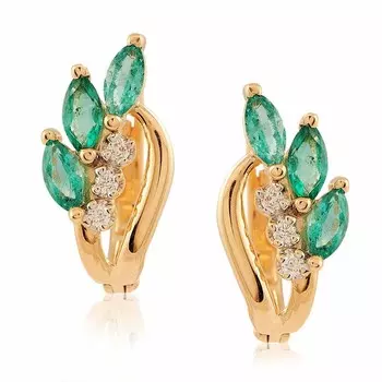 Серьги из красного золота 585 пробы с бриллиантом, изумрудом