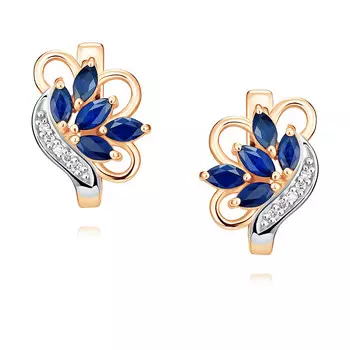 Серьги из красного золота 585 пробы с бриллиантом, сапфиром