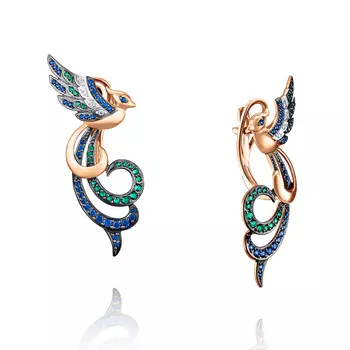 Серьги из красного золота 585 пробы с изумрудом ГТ и бриллиантом