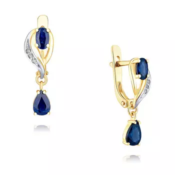 Серьги из желтого золота 585 пробы с бриллиантом и сапфиром