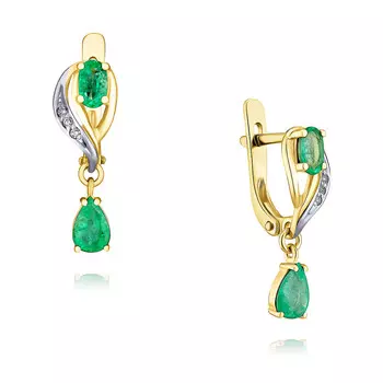 Серьги из желтого золота 585 пробы с бриллиантом и изумрудом