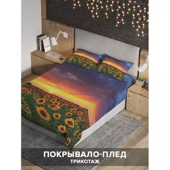 Ambesonne Покрывало на 2-спальную кровать Вечерние подсолнухи 235х220 и две наволочки 70x50