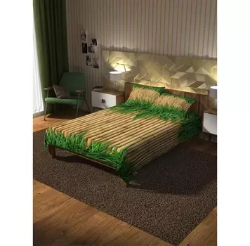 Ambesonne Покрывало стеганое Бамбук в траве 220х160 и две наволочки 70х50