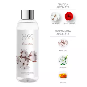 BAGO home Наполнитель и фибровые палочки для ароматического диффузора Свежий хлопок