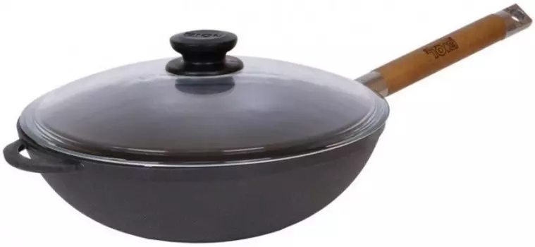 Биол Сковорода-вок чугунная со стеклянной крышкой 26 см