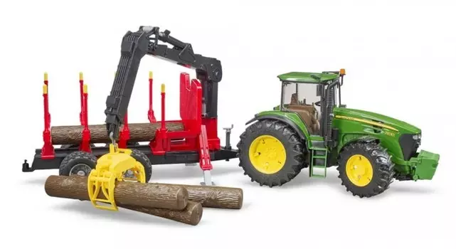 Bruder Трактор John Deere c прицепом с манипулятором и 4 брёвнами