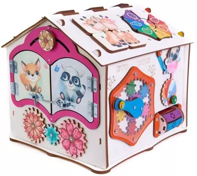 Деревянная игрушка Evotoys Бизиборд домик Знайка Тимка со светом 29х25х25 см