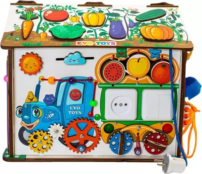 Деревянная игрушка Evotoys Бизиборд развивающий домик Смайлики на ферме