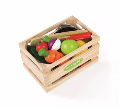 Janod Набор фруктов и овощей с дуршлагом и деревянным ножом в ящике