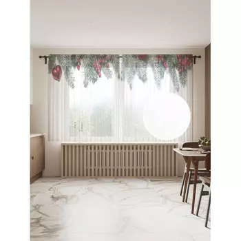 JoyArty Фототюль Еловая ветка с игрушками 2 полотна со шторной лентой + 50 крючков 145x180 см