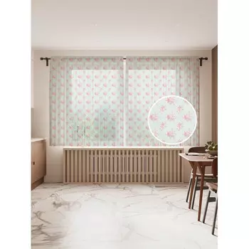JoyArty Фототюль Розовые букеты на голубом фоне 2 полотна со шторной лентой 145x180 см