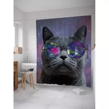 JoyArty Штора-занавеска для ванной из сатена с крючками Кот из космоса 200х180 см