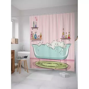 JoyArty Штора-занавеска для ванной из сатена с крючками Пенная ванна 200х180 см