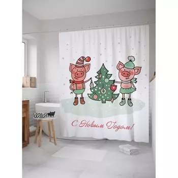 JoyArty Штора-занавеска для ванной из сатена с крючками Праздник у свинок 200х180 см