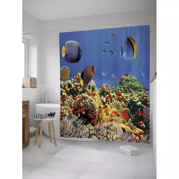JoyArty Штора-занавеска для ванной из сатена с крючками Рыбные холмы 200х180 см