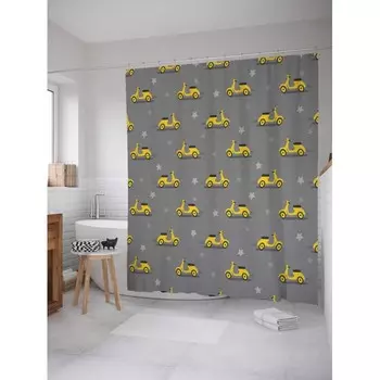 JoyArty Штора-занавеска для ванной из сатена с крючками Желтый скутер 200х180 см
