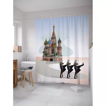 JoyArty Штора занавеска для ванной Марш у Кремля из сатена 180х200 см с крючками