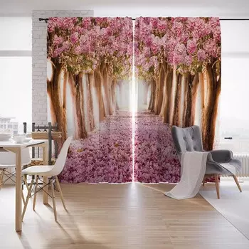 JoyArty Шторы с фотопечатью Цветущая аллея из сатена 290х265 см