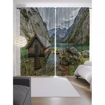 JoyArty Шторы с фотопечатью Домик в горах из сатена 290х265 см