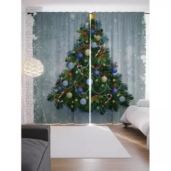 JoyArty Шторы с фотопечатью Ель с цветными шариками из сатена 290х265 см