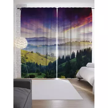 JoyArty Шторы с фотопечатью Холмы в тумане из сатена 290х265 см