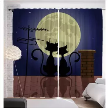 JoyArty Шторы с фотопечатью Коты на крыше смотрят на Луну из сатена 290х265 см