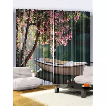 JoyArty Шторы с фотопечатью Лодка под цветущим деревом из сатена 290х265 см