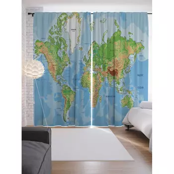 JoyArty Шторы с фотопечатью Мир на карте из сатена 290х265 см