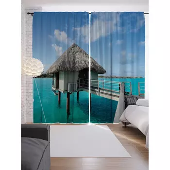 JoyArty Шторы с фотопечатью Морской домик из сатена 290х265 см