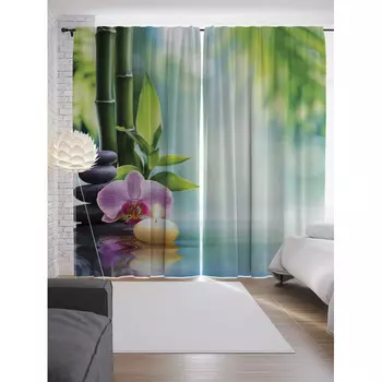 JoyArty Шторы с фотопечатью Орхидея и свеча из сатена 290х265 см