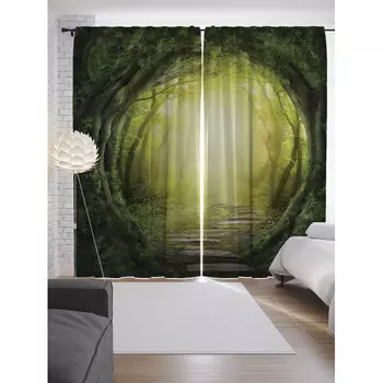 JoyArty Шторы с фотопечатью Проход к лесной магии из сатена 290х265 см