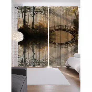 JoyArty Шторы с фотопечатью Заколдованный мост в лесу из сатена 290х265 см