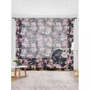 JoyArty Жаккардовый тюль на шторной ленте Большие розовые цветы 300x255