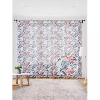 JoyArty Жаккардовый тюль на шторной ленте Фламинго в розовых цветах 300x255