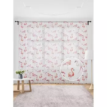 JoyArty Жаккардовый тюль на шторной ленте Розовые фламинго 300x255